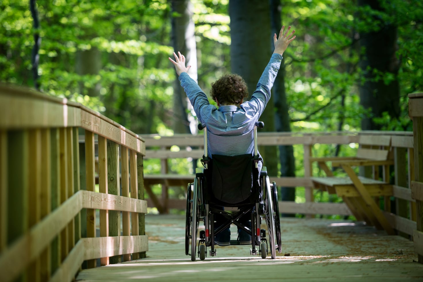 Person in wheelchair on boardwalk in nature